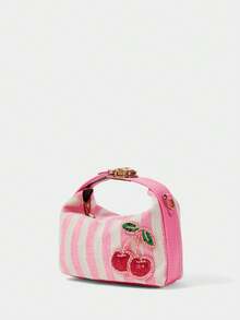 SHECARRY Ladies Pink + White Striped Canvas Tote Bag, Cute Cherry Beads And Rhinestones, Exquisite Hardware Strap - Pink - View 3