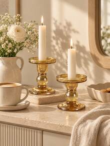 Cirelle Vintage Glass Taper Candle Holders, Pillar & Taper 2-In-1 Candlestick Holder Set, Clear Amber Glass Candle Stand For Wedding Centerpiece, Dinner Table, Mantel Decor, Romantic Home Decoration, Housewarming Gift - multicolor - View 8