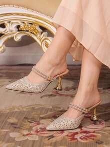 CUCCOO TILAWA Embroidery Champagne Sparkling Rhinestone Elegant Elegant Sexy Pointed Women's High Heels - Diamond Belt Slip-On Exquisite Design - Champagne - View 2