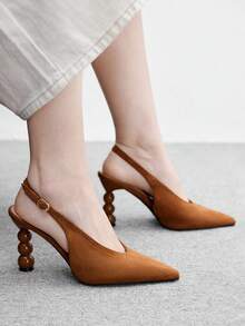 CUCCOO BIZCHIC Women's Pointed Back Empty Back Strap Special-Shaped Heel Elegant High-Heeled Shoes - Brown suede - View 5