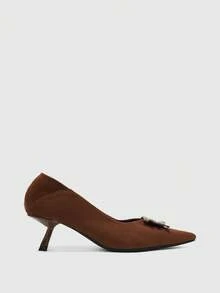CUCCOO BIZCHIC Suede Metal Buckle Pointed Stiletto Shoes, Women's Workplace Commuter High Heels Fall Shoes - Brown - View 2