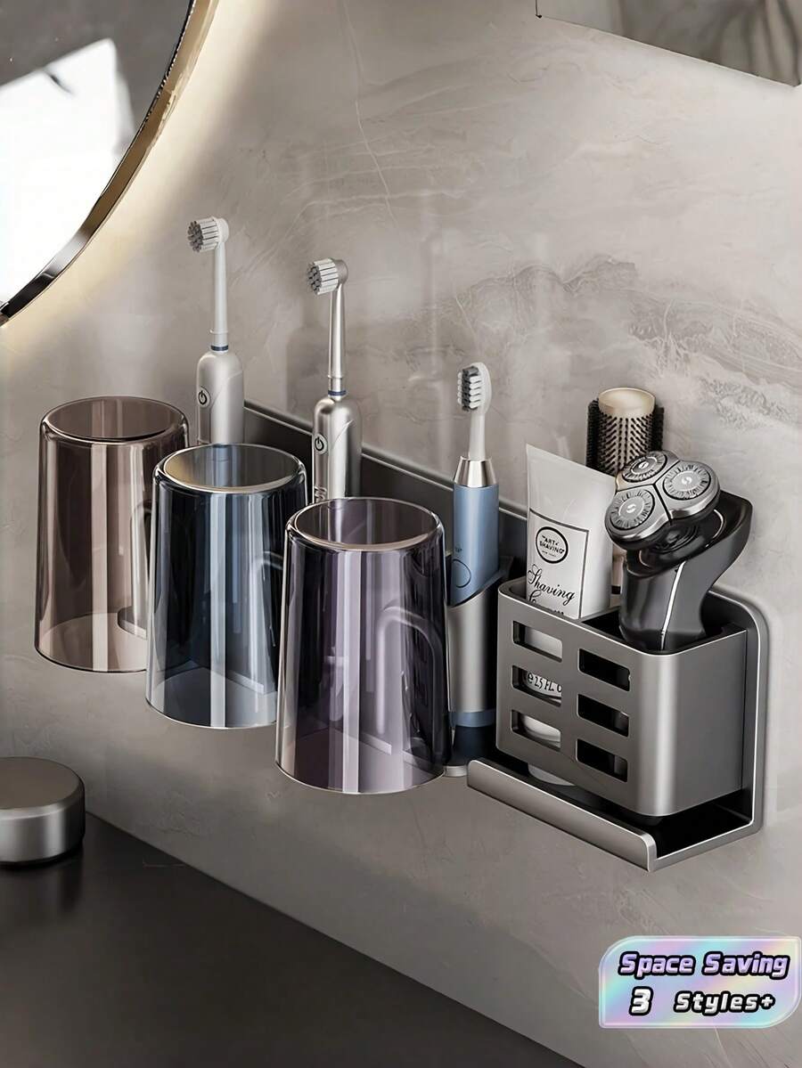 1 PC Wall Mount Toothbrush Holder No Drill Space Saving Detachable Cups Toothpaste Slot For Electric Toothbrushes Razors Shavers Modern Bathroom Organizer For Home Dorm Waterproof Rustproof Easy Clean Sturdy Multi Functional - View 1