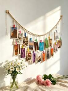 1pc Hanging Photo Frame With 18 Clips, Boho Wood Bead Decor Hanging Frame Clip For Dorm, Classroom, Bedroom, Home Room Office Decoration, For Christmas Valentine's Day New Year Decor, - one-size - View 3