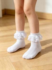 SHEIN 5 Pairs Of Girls' Double-Layer Lace Socks, Suitable For Daily Wear - White - View 4