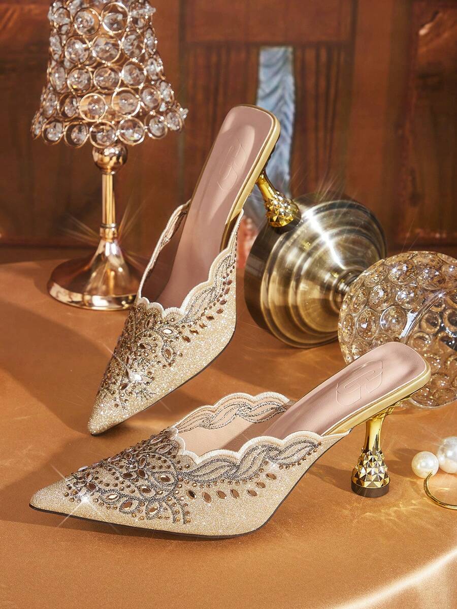 CUCCOO TILAWA Gold Sparkling Rhinestone Embroidery Elegant Sexy Pointed Women's High Heels - Exquisite And Stylish Design, With A Slip-On Design Stiletto Women - Gold - View 1