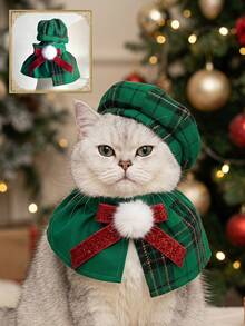 PETSIN Set Pakaian Natal untuk Kucing dan Anjing: Topi Segi Delapan Gaya Inggris dengan Tudung, Set Dekorasi Hewan Peliharaan untuk Foto - Hijau - View 5