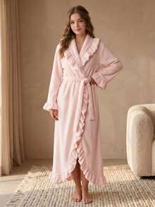 Cirelle Women's Plush Ruffle Trim Fleece Bathrobe, Soft Warm Long Plush Robe With Belt, Elegant Light Pink Loungewear - Multicolor - View 1