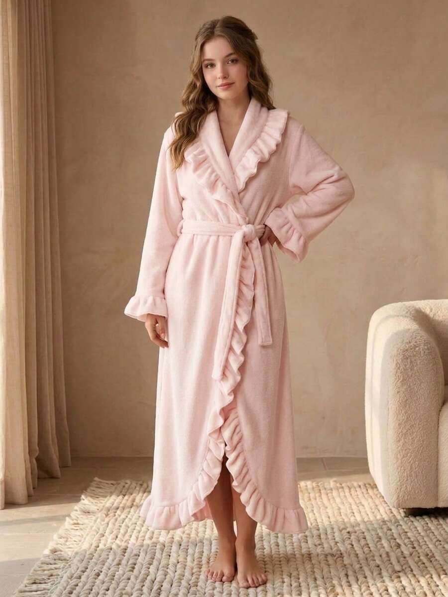 Cirelle Women's Plush Ruffle Trim Fleece Bathrobe, Soft Warm Long Plush Robe With Belt, Elegant Light Pink Loungewear - Multicolor - View 1