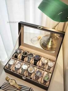 PU Leather Watch Storage Box With Glass Lid, Multi Slots Watch Display Organizer Case For Watch Collection - default - View 3