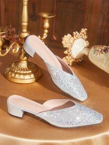 CUCCOO TILAWA Rhinestone Shiny Silver Slip-On Women's Closed-Toed Small Square Toe Thick-Heeled Sandals Comfortable Foot Cage Summer Women's Shoes - Silver - View 1