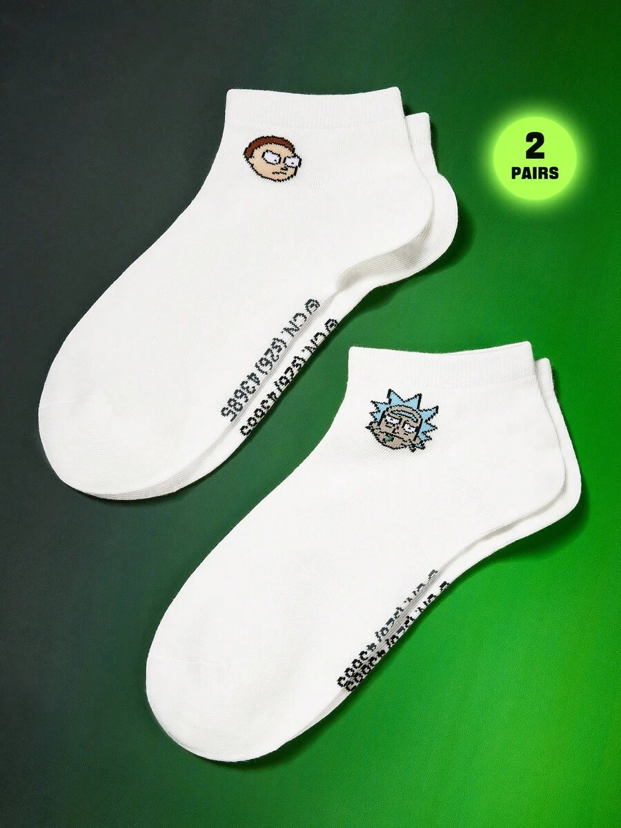 Rick and Morty X SHEIN 卡通角色頭像女款白色襪子 2雙 - 白色 - 查看 1