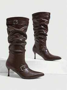 CUCCOO SZL Brown Suede Double Belt Buckle Pleated Pointed Toe Women's Boots Fall Boots - Brown leather surface - View 1