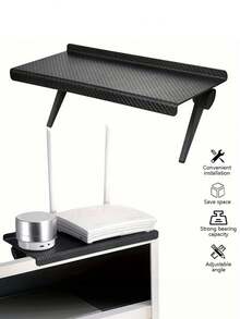 Wall Mount Router Shelf, Carbon Fiber Texture ABS Plastic Floating Wall Shelf For WiFi Router Modem TV Box Set Top Box, No Drilling Adhesive Storage Rack With Cable Management, Space Saving Organizer For Living Room Bedroom Office - Black - View 6