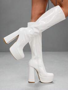 CUCCOO SZL Women's Shoes White Round Toe Chunky High Heel Platform Knee-High Boots Sexy Party Date Commute Fall Boots - Patent leather, white. - View 5