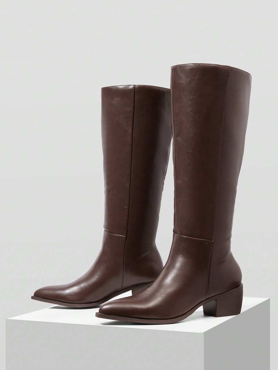 MOTF PREMIUM WOMEN'S FASHION DAILY CASUAL VERSATILE SHORT CHUNKY HEEL KNEE-HIGH BOOTS FOR CHRISTMAS SPRING SHOES - Coffee Brown - View 2