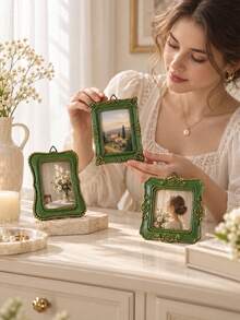 Cirelle إطارات صور صغيرة خضراء عتيقة، إطار صور صغير من الراتنج بأسلوب باروك، عرض صور مزخرف على المكتب مع حافة ذهبية، إطار معرض صغير للمنزل والمكتب والطاولة، ديكور الرف، هدية منزل جديد - متعدد الألوان - مشاهدة 6