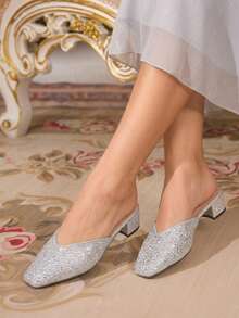 CUCCOO TILAWA Rhinestone Shiny Silver Slip-On Women's Closed-Toed Small Square Toe Thick-Heeled Sandals Comfortable Foot Cage Summer Women's Shoes - Silver - View 4