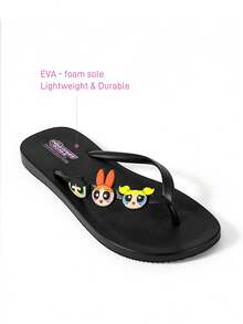 THE POWERPUFF GIRLS X SHEIN 卡通夾腳拖鞋，EVA輕量材質，護趾設計，透氣快乾，柔軟舒適，適合多種場合 - 黑色 - 查看 4