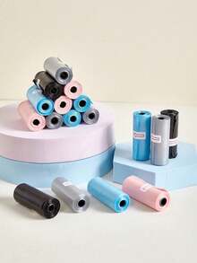 5 Rolls = 75 Pcs/15 Portable Car Garbage Bags For Baby Travel, One Roll, Love Printing Garbage Bags, Outdoor Disposable Garbage Bags, Cat And Dog Toil - Multicolor - View 4