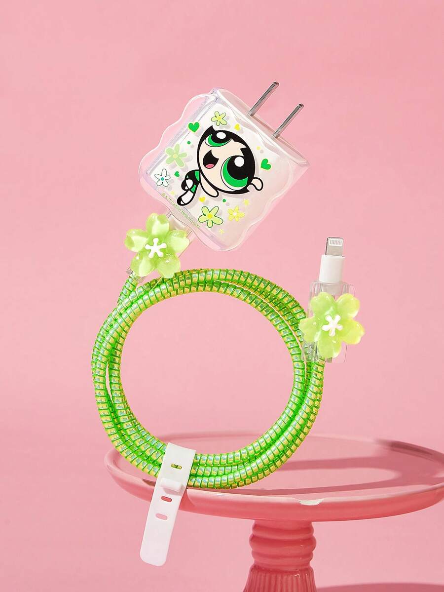 THE POWERPUFF GIRLS X SHEIN Pelindung Kabel Data, Cocok untuk Charger , Set 4 Buah Pelindung Kabel Ponsel, Pelindung Charger (Tidak Termasuk Kabel Data) - Hijau - View 1