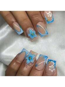 Rectangular 3D Gel Nail Stickers With Pearl Embellishments, Featuring Embossed Designs, Floral Designs, French Manicure Styles, And Other Patterns. Perfect For Everyday Wear And Parties. - Multicolor - View 2