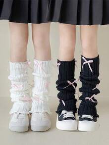 SHEIN 2 Pairs Of Girls Bow Socks Stacking Socks Lady Versatile - Multicolor - View 1