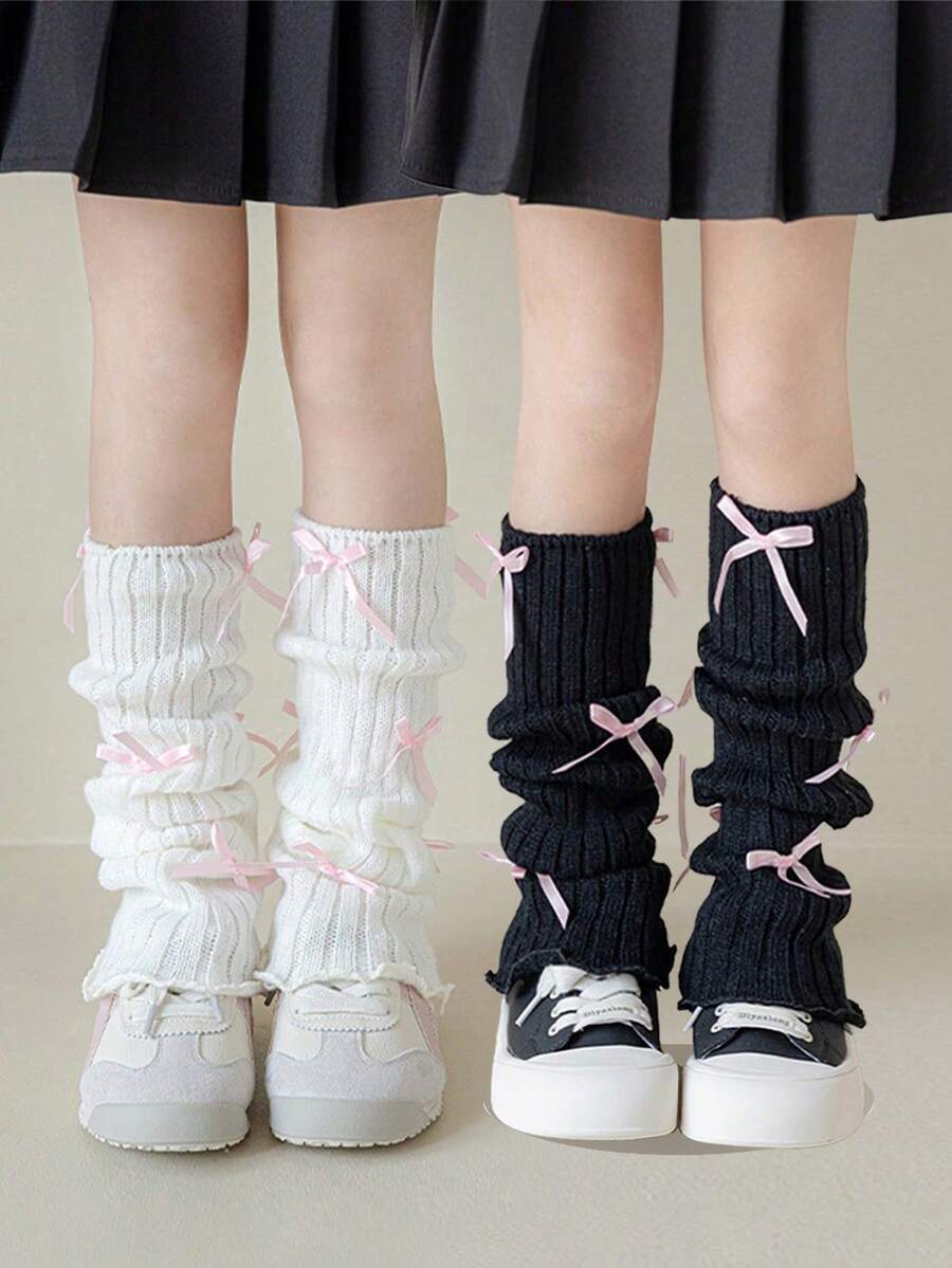 SHEIN 2 Pairs Of Girls Bow Socks Stacking Socks Lady Versatile - Multicolor - View 1