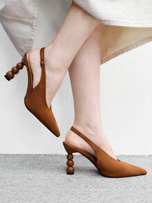CUCCOO BIZCHIC Women's Pointed Back Empty Back Strap Special-Shaped Heel Elegant High-Heeled Shoes - Brown suede - View 3