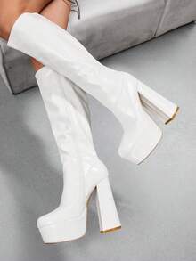 CUCCOO SZL Women's Shoes White Round Toe Chunky High Heel Platform Knee-High Boots Sexy Party Date Commute Fall Boots - Patent leather, white. - View 7
