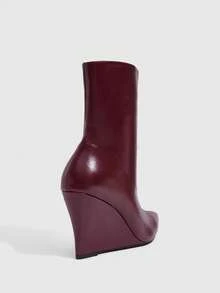 CUCCOO SZL Glossy Leather Pointed Toe Heel Thin Boots Women's Simple Premium Commuter Versatile Ankle Boots Fall Boots - Burgundy - View 7