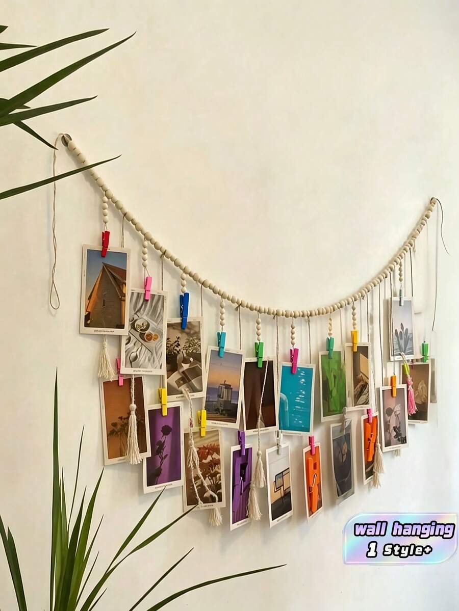 1pc Hanging Photo Frame With 18 Clips, Boho Wood Bead Decor Hanging Frame Clip For Dorm, Classroom, Bedroom, Home Room Office Decoration, For Christmas Valentine's Day New Year Decor, - one-size - View 1