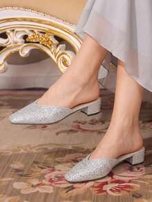 CUCCOO TILAWA Rhinestone Shiny Silver Slip-On Women's Closed-Toed Small Square Toe Thick-Heeled Sandals Comfortable Foot Cage Summer Women's Shoes - Silver - View 2