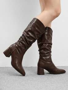 CUCCOO BIZCHIC New Pointed Thick High Heel Brown Pleated Wide Tube Wide Tube Women's Knee Boots High Boots Daily Versatile Comfortable Commuting Autumn And Fall Boots - Coffee Brown - View 5