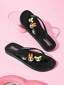 THE POWERPUFF GIRLS X SHEIN 卡通夾腳拖鞋，EVA輕量材質，護趾設計，透氣快乾，柔軟舒適，適合多種場合 - 黑色 - 查看 9