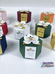 10 piezas Cajas de embalaje de regalo hexagonales de varios colores delicadas con tarjetas de agradecimiento, accesorios de flores de papel, cajas de regalo para bodas, compromisos, cumpleaños, inauguración de casa, fiestas de vacaciones, banquetes y embalaje de regalos en general - Multicolor - Ver 1