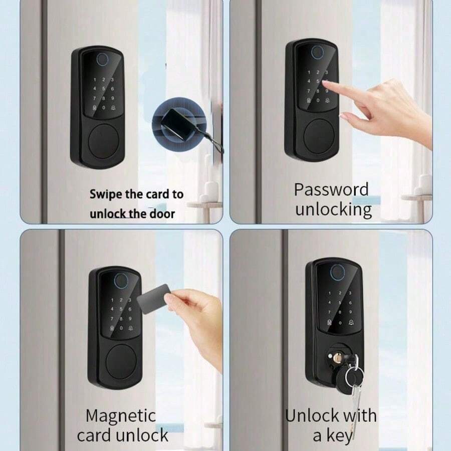 Intelligent Fingerprint Door Lock - Keyless Entry Door Lock Tongue - With 99 Biometric Fingerprints -99 User Passwords, Multifunctional Unlocking Method (Password/Fingerprint/IC Card/Key), One Click Automatic Lock, Easy - Black - View 1