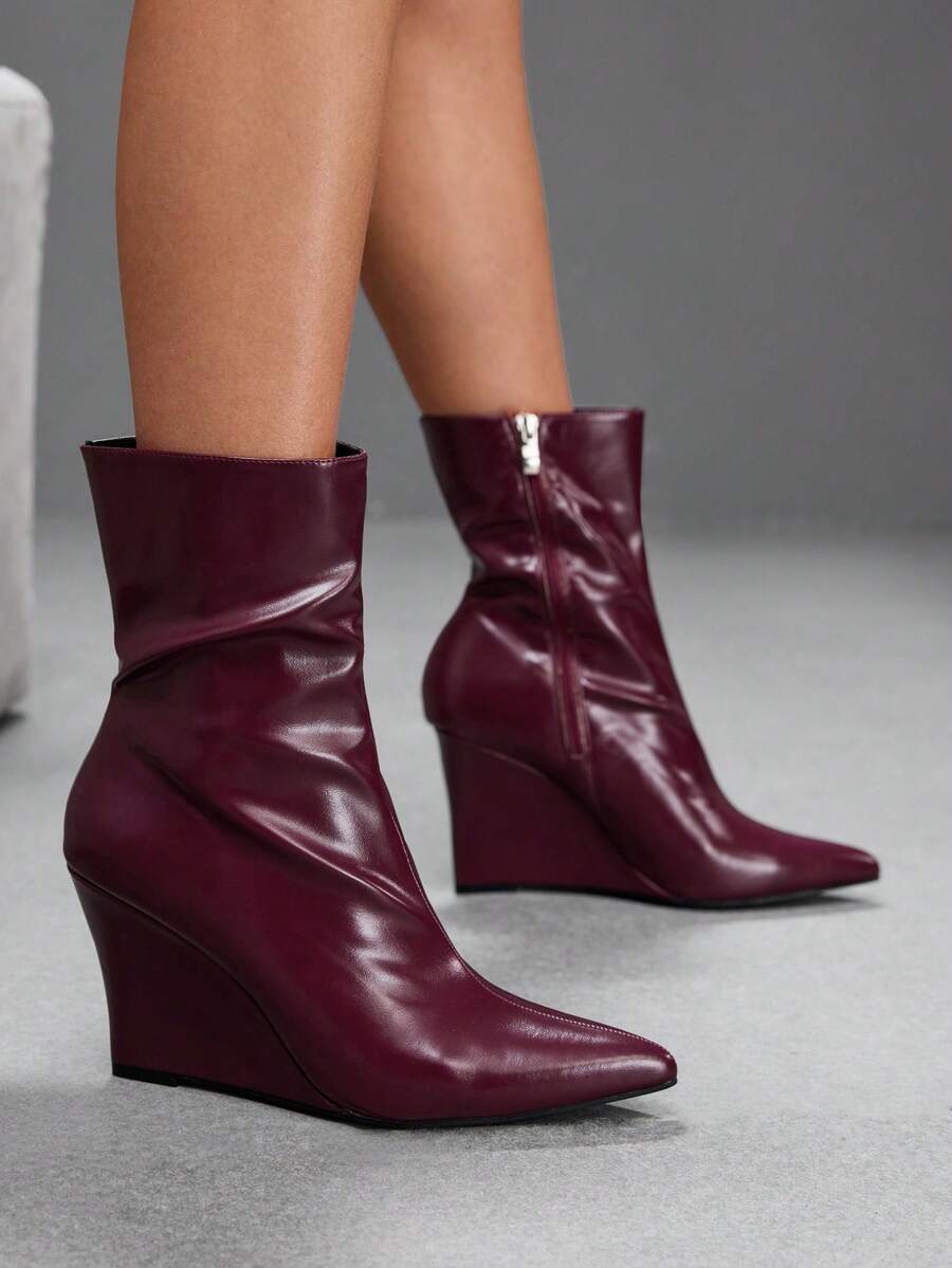 CUCCOO SZL Glossy Leather Pointed Toe Heel Thin Boots Women's Simple Premium Commuter Versatile Ankle Boots Fall Boots - Burgundy - View 1