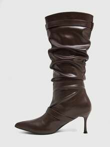 CUCCOO SZL Brown Suede Double Belt Buckle Pleated Pointed Toe Women's Boots Fall Boots - Brown leather surface - View 5