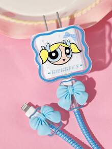 THE POWERPUFF GIRLS X SHEIN Pelindung Kabel Data, Cocok untuk Charger , Set 4 Buah Pelindung Kabel Ponsel, Pelindung Charger (Tidak Termasuk Kabel Data) - Biru - View 2