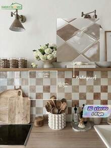 Shiny Home 10pcs 22.8*22.8cm Self-Adhesive Wall Stickers, Waterproof Kitchen Backsplash, Kitchen Renovation New Decorative Material, Easy Diy Installation. - Beige - View 1