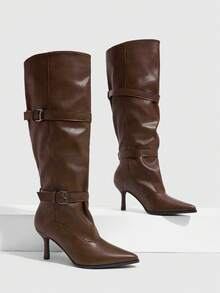 CUCCOO SZL 7.8CM 女款中筒高跟靴 尖頭扣飾 紅棕色百褶靴 時尚百搭 日常通勤女靴 - 紅棕色 - 查看 2