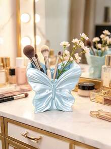 Embossed Butterfly Makeup Brush Holder, Pearlescent Glazed Desktop Cosmetic Pen Organizer, Vanity Decorative Storage & Flower Vase, Multi‑Color Option - Multicolor - View 9
