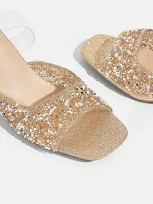 CUCCOO TILAWA Damers mules-sandaler med flash-diamanter, strass, transparent bred rem och tjock fyrkantig klack, sommarsandaler för bankett - Brons - Visa 7