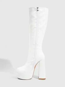 CUCCOO SZL Women's Shoes White Round Toe Chunky High Heel Platform Knee-High Boots Sexy Party Date Commute Fall Boots - Patent leather, white. - View 9
