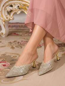 CUCCOO TILAWA Gold Sparkling Rhinestone Embroidery Elegant Sexy Pointed Women's High Heels - Exquisite And Stylish Design, With A Slip-On Design Stiletto Women - Gold - View 8