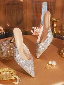 CUCCOO TILAWA Women's Thin Heel Pointed Closed Toe High Heels Versatile Daily French Elegance Wedding Banquet Full Of Diamonds Rhinestone High Heels - Gold - View 1