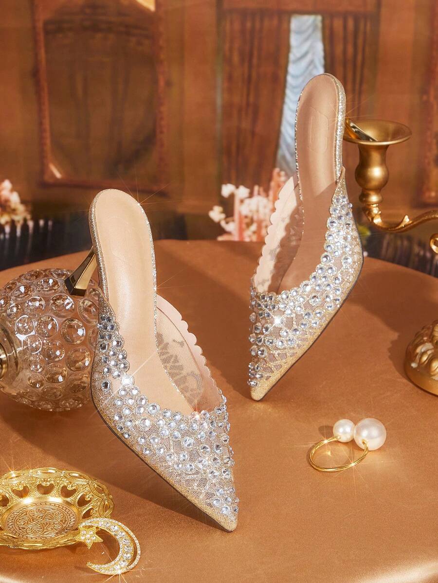 CUCCOO TILAWA Women's Thin Heel Pointed Closed Toe High Heels Versatile Daily French Elegance Wedding Banquet Full Of Diamonds Rhinestone High Heels - Gold - View 1