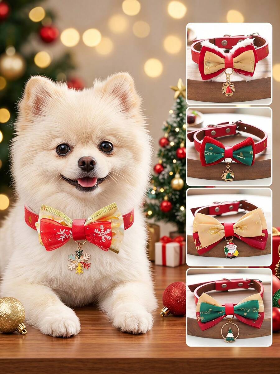 PETSIN 1pc Cat And Dog Universal Holiday Style Neck Accessory, Christmas Pet Bow Tie Collar, Adjustable Cat And Dog Collar, Santa Claus Christmas Tree Snowflake Pendant, Holiday Party Small Pet Decoration Accessory - Multicolor - View 1