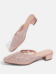 CUCCOO TILAWA Mesh Rhinestone Sparkling Champagne Slip-On Women's Closed-Toed Small Square Toe Thick Heel Sandals Comfortable Foot Cage Summer Women's Shoes - Champagne - View 4
