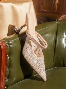 CUCCOO TILAWA Embroidery Champagne Sparkling Rhinestone Elegant Elegant Sexy Pointed Women's High Heels - Diamond Belt Slip-On Exquisite Design - Champagne - View 6